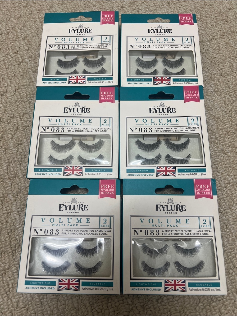 6 boxes NIB Eylure London Volume  No.83 Reusable Adhesive included Lightweight